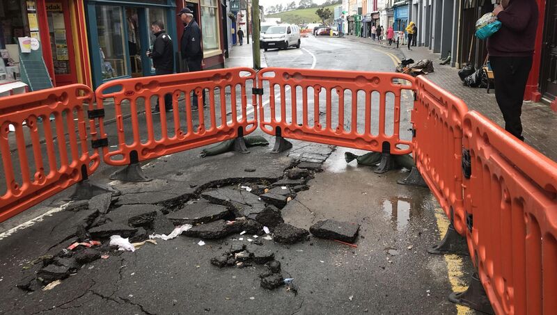 Repairs taking place on New St in Bantry, Co  Cork, today after flooding caused by Storm Francis. Picture: Eamonn Farrell/Rollingnews.ie
