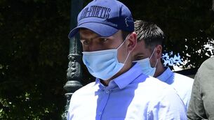 Harry Maguire leaves a court building last Saturday on the Aegean island of Syros, Greece. Court officials in Greece say Maguire has been found guilty of assault at a trial Tuesday.