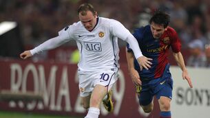 Wayne Rooney and Lionel Messi race for possession in the 2009 Champions League final. Picture: Nick Potts, PA