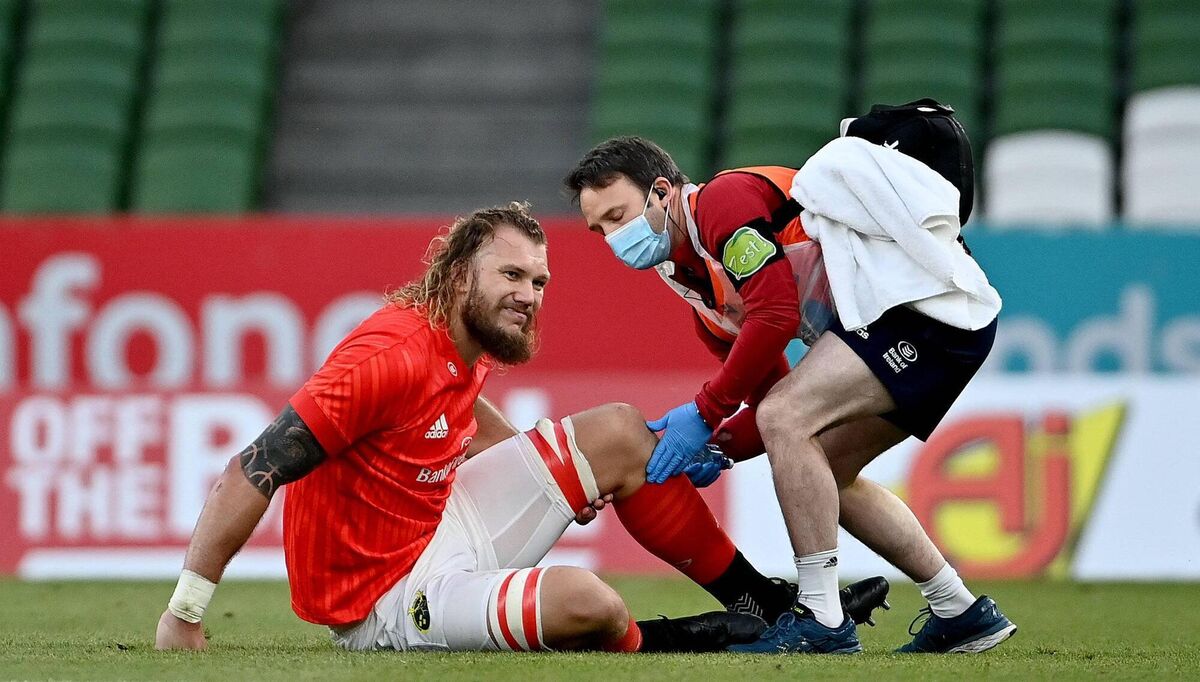 RG Snyman after injuring his ACL against Leinster. Picture: Ramsey Cardy/Sportsfile