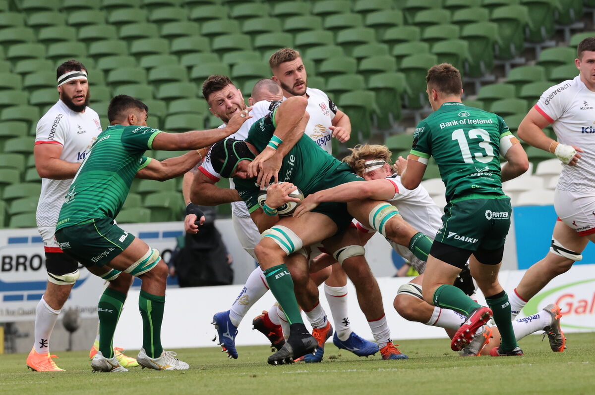 Connacht's Ultan Dillane is tackled by Jordi Murphy and Alan O'Connor of Ulster. Picture: INPHO/Billy Stickland