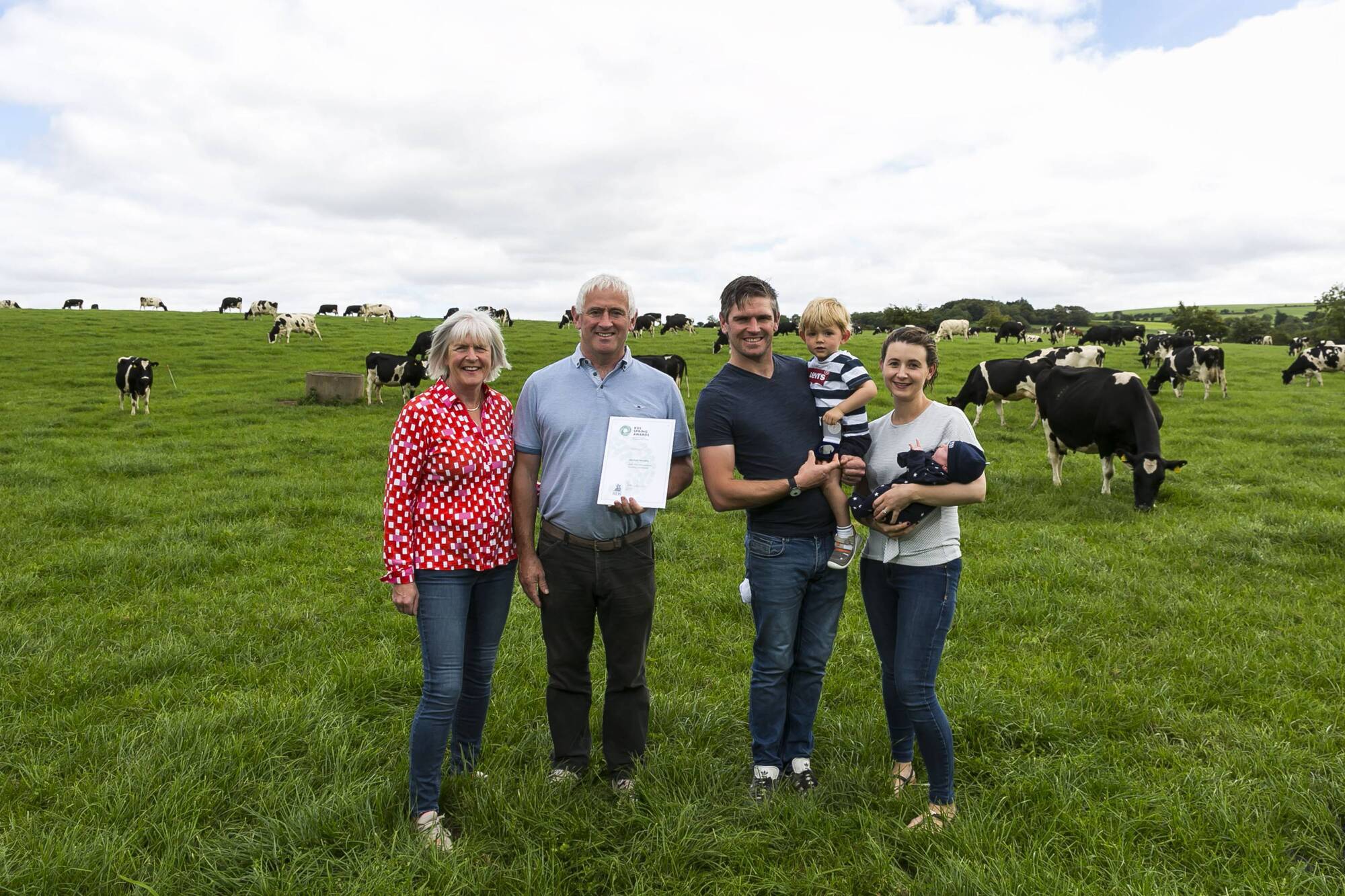 RDS 2020 EBI award winners: three generations of the Murphy family, Michael Murphy, second from left, Coolsoon, Crookstown, Co Cork with, from left, Geraldine, Michael, Jerry, his son Jack (2), and wife Susan, with baby Ryan Murphy.