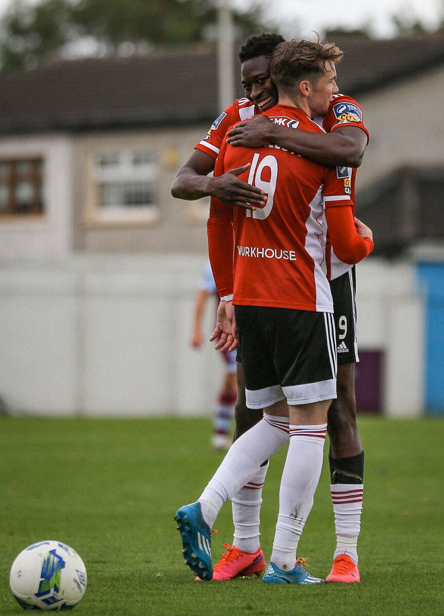 Derry City’s Ibrahim Meite and Stephen Mallon celebrate at the final whistle. Derry City’s Ibrahim Meite and Stephen Mallon celebrate at the final whistle.