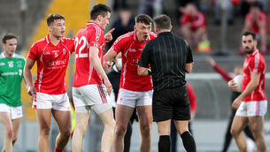 East Kerry's David Clifford protests a decision with referee Jonathan Griffin.