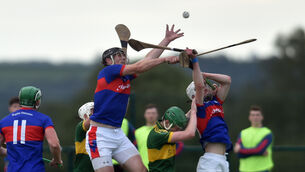 Erins Owns' Eoghan Murphy goes highest to win the sliotar against Newtownshandrum during the Co Op Superstores Cork SAHC at Glantane Picture: Eddie O'Hare