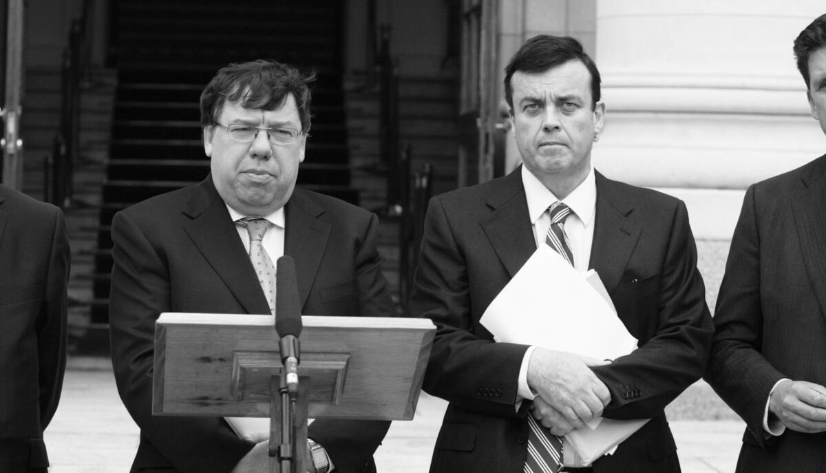 2010: Former Fianna Fail leader Brian Cowen with then Minister for Finance Brian Lenihan outside Government Buildings. Photo: Leon Farrell/RollingNews.ied 2010: Former Fianna Fail leader Brian Cowen with then Minister for Finance Brian Lenihan outside Government Buildings. Photo: Leon Farrell/RollingNews.ied