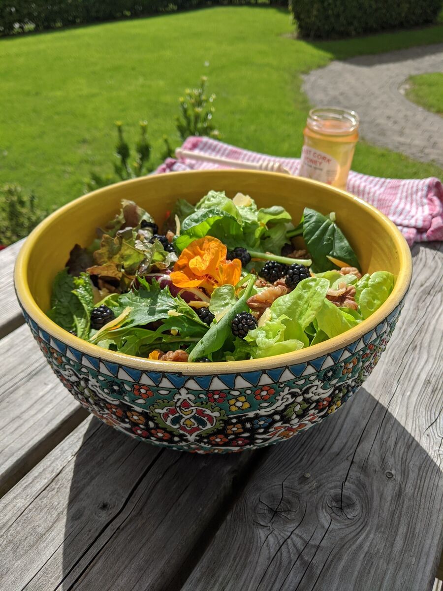 An east Cork salad made from food from Castlemartyr’s Village Greengrocer together with some locally foraged blackberries.