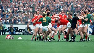 <p>All Ireland Football Final Cork vs Meath 1988 A fight breaks out as the referee restrains Gerry McEntee of Meath. McEntee was later sent off. Picture: INPHO/Billy Stickland</p>