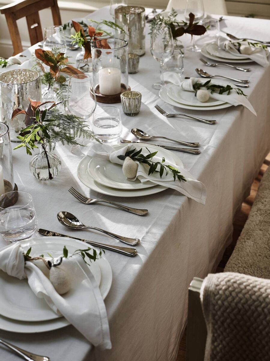  Mini Felt Pears, Seville tablecloth and napkins, Symons china, Mango Wood hurricane (medium), Mercury Etch Leaf hurricane, bud vase, The White Company.