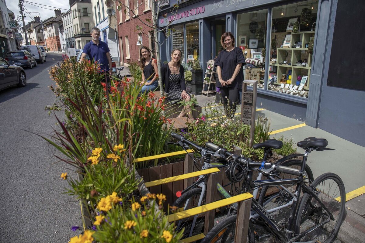 Fergus Sommers, Siobhan Keogh, Erin O'Brien and Justine Looney celebrate the first anniversary of the ‘People’s Parklet’ on Douglas Street. Picture: Clare Keogh