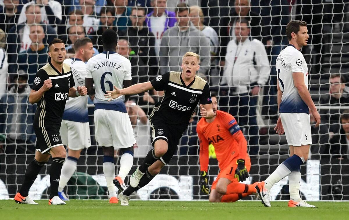 Donny van de Beek celebrates as he scores his team's first goal during the UEFA Champions League semi-final first leg match against Tottenham Hotspur. Picture:  Laurence Griffiths/Getty Images