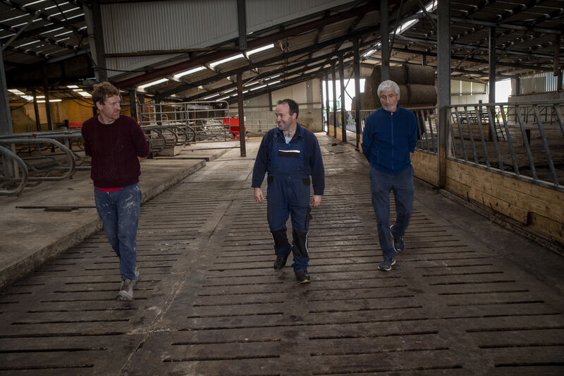Paddy Brosnan, Niall Counihan neighbour and Brother John Brosnan pictured in John’s empty dairy complex. Picture: Domnick Walsh © Eye Focus LTD