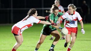 <p> Nicola Dennehy of St Vals is challenged by  Jessica O'Shea and Aoife Walsh of Inch Rovers in the Cork<span class="contextmenu emphasis"> L</span>adies Football Senior B Football Final at Trabeg. Picture:  Jim Coughlan. </p>