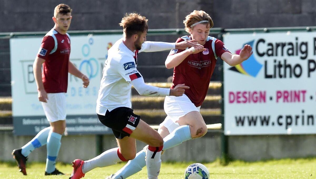 Cobh Ramblers' David Hurley takes on Dundalk's Will Patching during the FAI cup at St Colmans Park Picture: Eddie O'Hare Cobh Ramblers' David Hurley takes on Dundalk's Will Patching during the FAI cup at St Colmans Park Picture: Eddie O'Hare