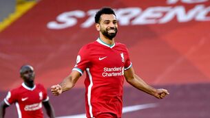 <p>Liverpool's Mohamed Salah (centre) celebrates scoring his side's fourth goal at Anfield. Photo: Shaun Botterill/NMC Pool/PA Wire. </p>