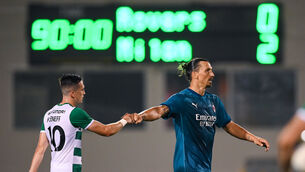 <p>Zlatan Ibrahimovic of AC Milan and Aaron McEneff of Shamrock Rovers following the UEFA Europa League Second qualifying round match. Picture: Stephen McCarthy/Sportsfile</p>