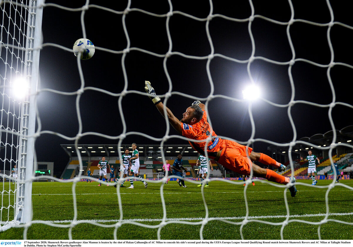 Shamrock Rovers goalkeeper Alan Mannus is beaten by the shot of Hakan Çalhanoglu of AC Milan to concede his side's second goal. Picture: Stephen McCarthy/Sportsfile