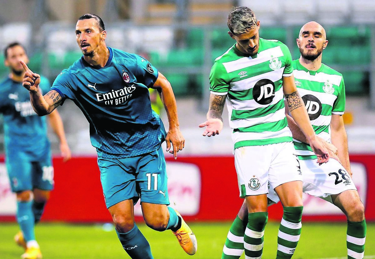 AC Milan’s Zlatan Ibrahimovic celebrates scoring the first goal. Picture: INPHO/Ryan Byrne