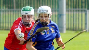 <p>UNDER PRESSURE: Ellen Murphy of Inniscarra trying to dispossess Aoife O'Neill of St. Finbarr's in the SE Systems Cork Senior Camogie Championship semi-final at Castle Road.</p>
