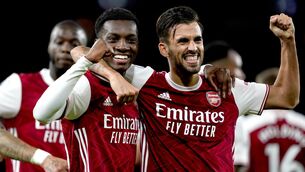 <p>BEST FRIENDS: Arsenal's Eddie Nketiah (left) celebrates scoring his side's winning goal with teammate Dani Ceballos at the Emirates Stadium. The pair had a well publicised alternation before last week's game at Fulham.</p>