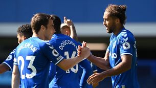 <p>Everton's Dominic Calvert-Lewin (right) celebrates scoring his side's fourth goal with Seamus Coleman. Photo: Michael Regan/NMC Pool/PA Wire. </p>