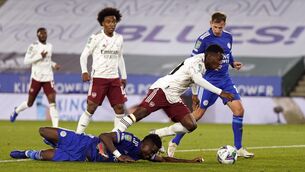 <p>Arsenal's Eddie Nketiah on his way to scoring his sides second goal at The King Power Stadium, Leicester.  Picture: Tim Keeton/NMC Pool/PA Wire</p>