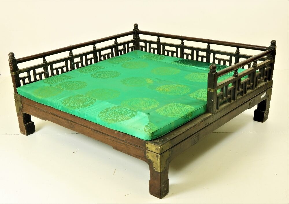 One of a pair of large Korean-style opium hardwood benches.