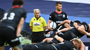 <p>Joy Neville was the assistant referee for last weekend's Heineken Champions Cup quarter-final match between Leinster and Saracens. Picture: Ramsey Cardy/Sportsfile</p>