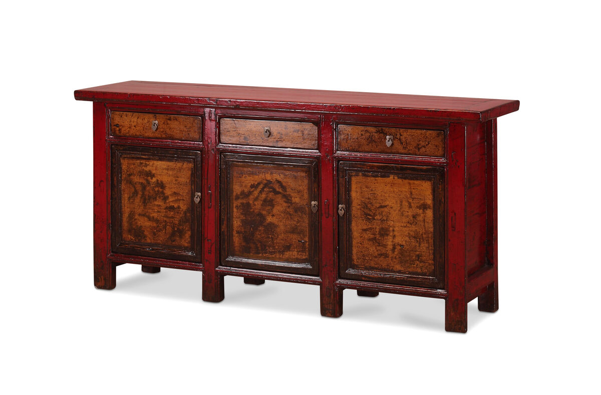 Red lacquer sideboard with landscape paintings once used to store grain. Gansu province, €2,800, shimu.co.uk. Red lacquer sideboard with landscape paintings once used to store grain. Gansu province, €2,800, shimu.co.uk.