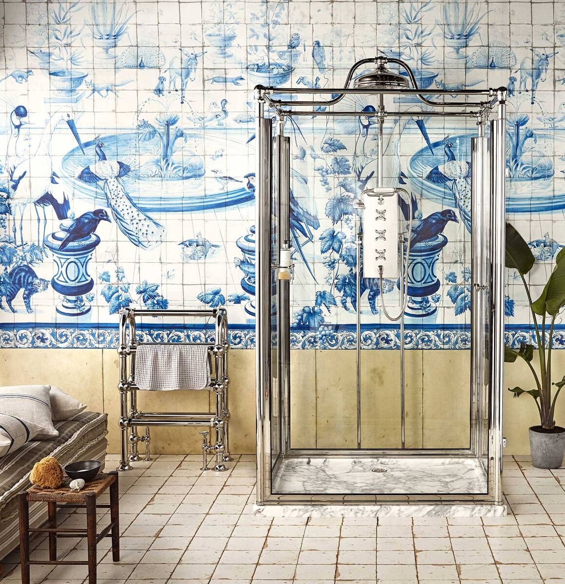 Mersey free-standing shower. With overhead and hand shower in a choice of finishes and marble tray stones, From €28,235, drummonds-uk.com (carried by Versatile of Navan here in Ireland)