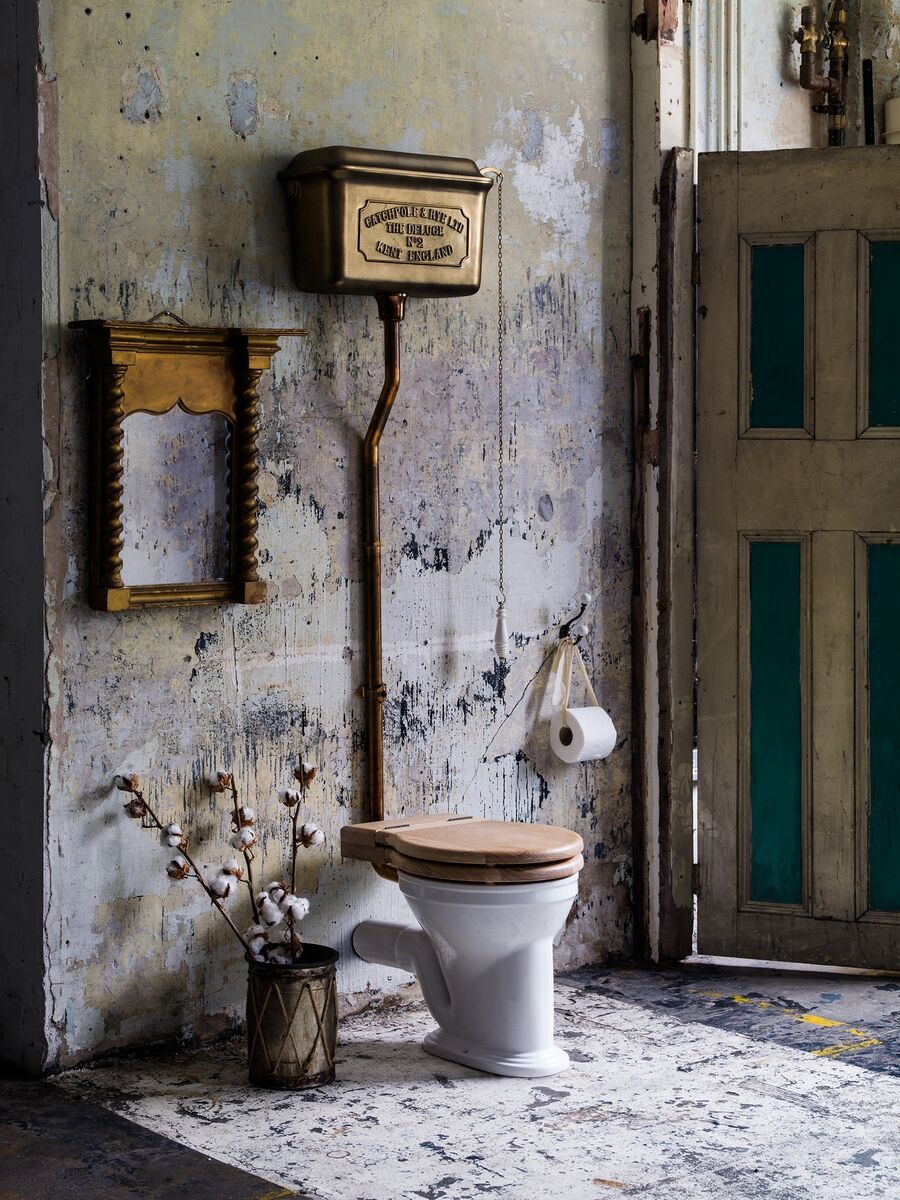 Catchpole and Rye high cistern: Over-stated and utterly gorgeous in a rough-luxe setting of a period house, around €1,750 ex VAT in painted and plated options. Hand-finished, catchpoleandrye.com