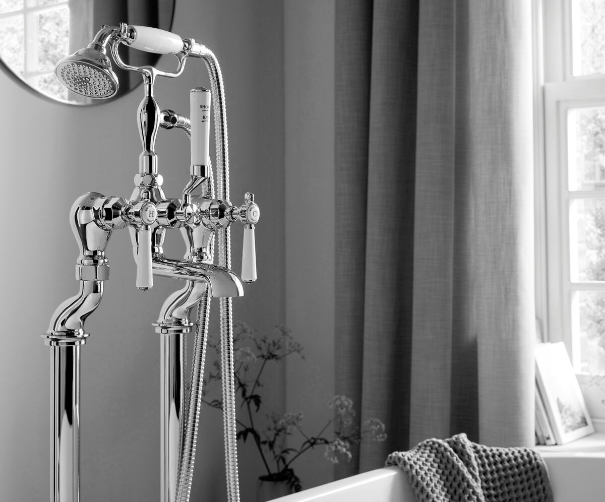 Let floor-standing pipe-work clean up the lines of our great bath. Booth &amp; Co floor standing bath shower mixer in nickel, €897, new this season, earthridge.ie for suppliers