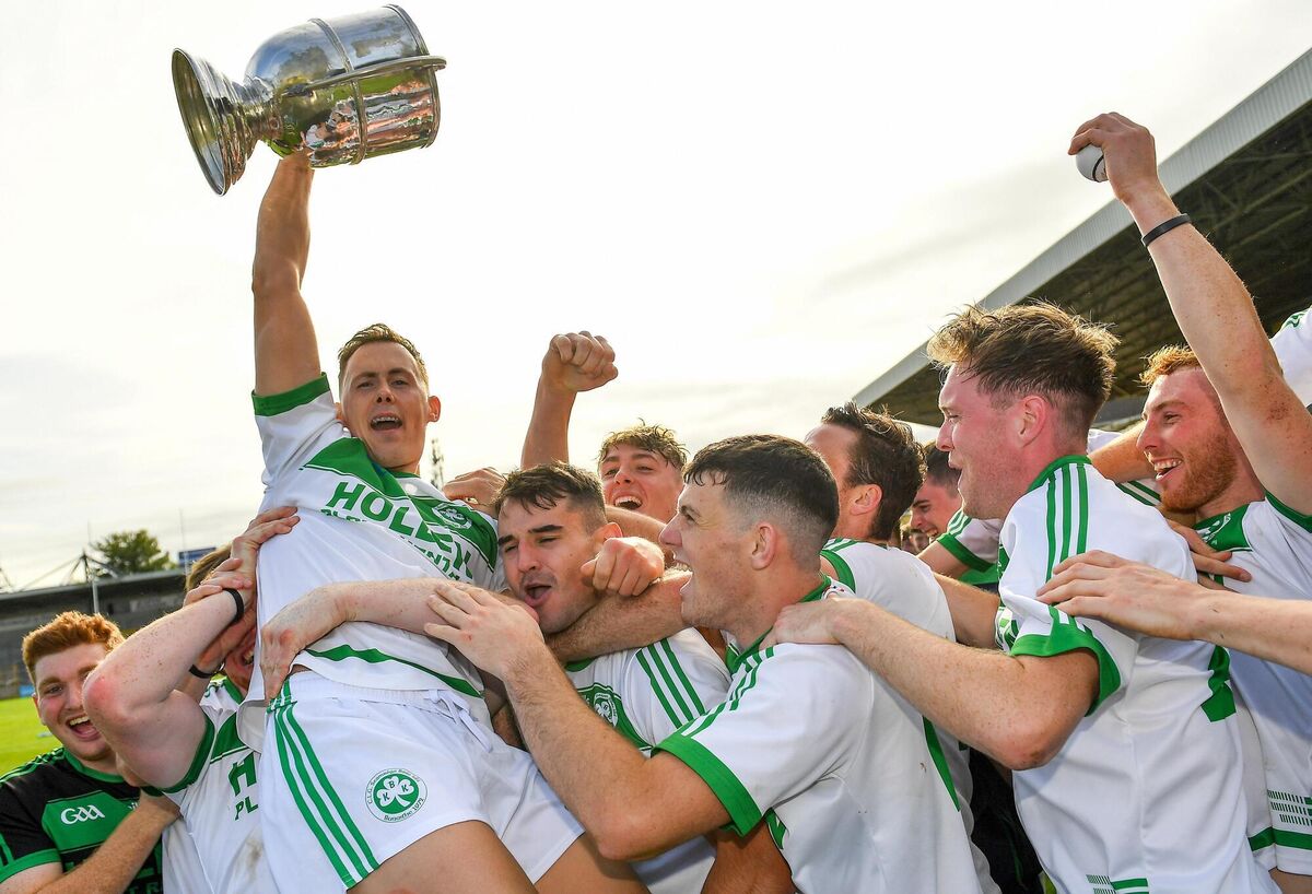 Ballyhale Shamrocks captain Richie Reid is lifted up by his teammates following their side's victory over Dicksboro at UPMC Nowlan Park. Photo by Seb Daly/Sportsfile