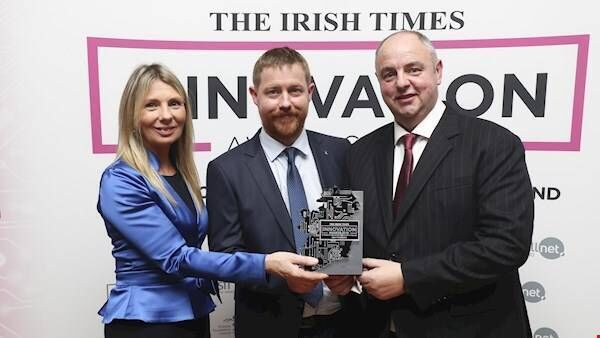 Professor Gerardine Doyle, director, UCD Michael Smurfit Graduate Business School, and Associate Dean, UCD College of Business, with Dr Pat Ward and John Cullen, co-founders of Auranta, producer of a range of innovative and sustainable animal feed products to boost gut health, immunity and performance in calves, poultry, and pigs, and winner of a 2019 Irish Times Innovation Award.