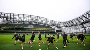 <p>Dundalk players during a training session at the Aviva Stadium in Dublin. Picture: Stephen McCarthy/Sportsfile</p>