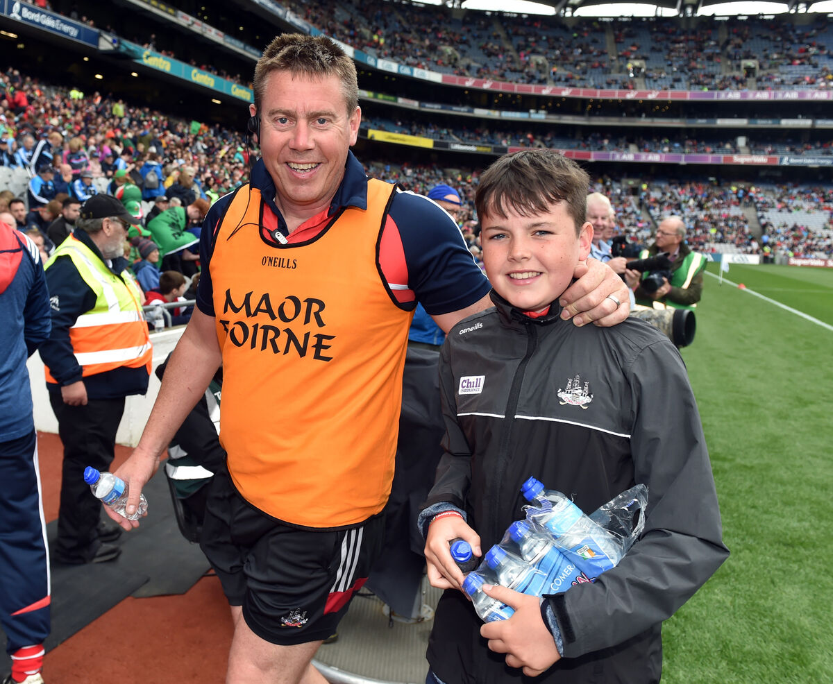 Cork selector Ollie Rue O'Sullivan and his son Shane after defeating Mayo in the Electric Ireland All Ireland minor football semi final at Croke Park. Picture: Eddie O'Hare