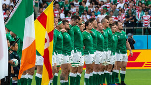 <p>The Ireland team ahead of the 2019 Rugby World Cup clash with Japan. A quarter-final defeat by New Zealand has meant Ireland will be in band 2 when the draw is made for the 2023 tournament. Picture: INPHO/Jayne Russell</p>