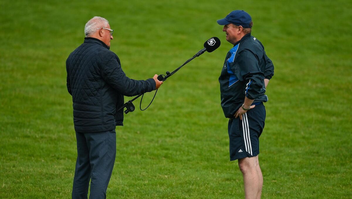 Finbarr McCarthy of Cork 96FM interviews Castlehaven selector John Cleary after the Cork County Premier Senior Football Championship Group B Round 1 match between Castlehaven and Carbery Rangers Clonakilty in Cork. Picture: Brendan Moran/Sportsfile