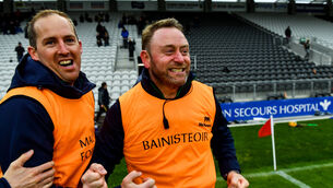 <p>Blackrock manager Fergal Ryan, right, celebrates with his backroom staff following the extra time win over Glen Rovers. Picture: Sam Barnes/Sportsfile</p>