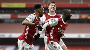 <p>Nicolas Pepe (right) celebrates scoring Arsenal's second goal against Sheffield United. <span class="contextmenu emphasis">Photo: Kirsty Wigglesworth/NMC Pool/PA </span>
            </p>