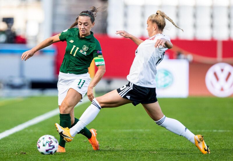 Katie McCabe of Republic of Ireland in action against Giulia Gwinn of Germany during the UEFA Women's 2021 European Championship qualifier. Picture: Marcel Kusch/Sportsfile