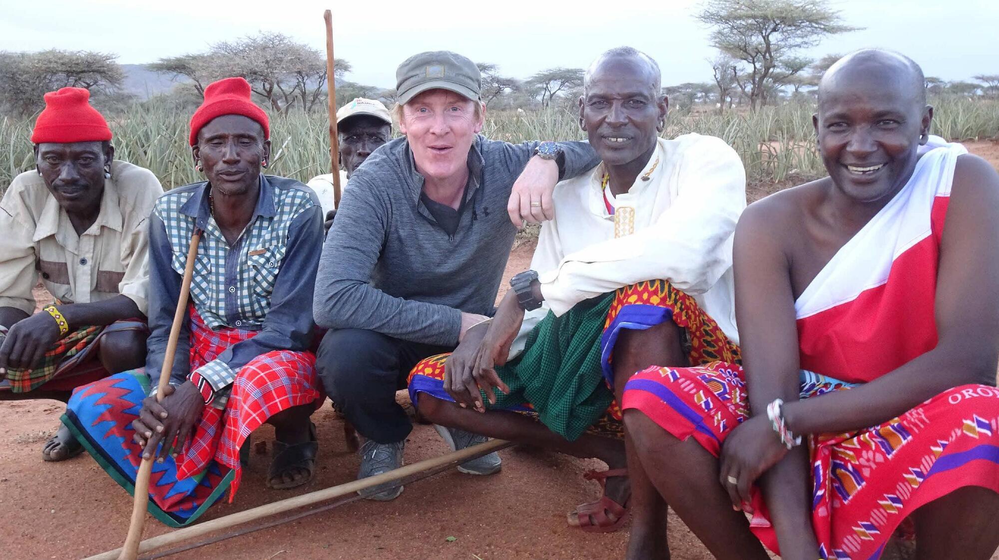 Hector Ó Heochagáin (third from right)  in Kenya with members of  the Samburu tribe. 