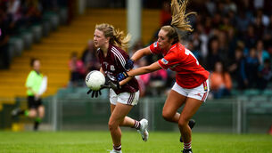 <p>Lynsey Noone of Galway in action against Rachel Murphy of Cork during the All-Ireland Ladies Football Minor A final between Galway and Cork in 2018. Noone has now joined the senior ranks after a year away from the squad. Picture:  Diarmuid Greene/Sportsfile</p>