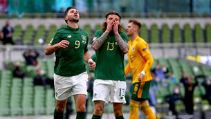 <p>Ireland’s Shane Long and Jeff Hendrick react to a missed chance. Picture: INPHO/James Crombie</p>