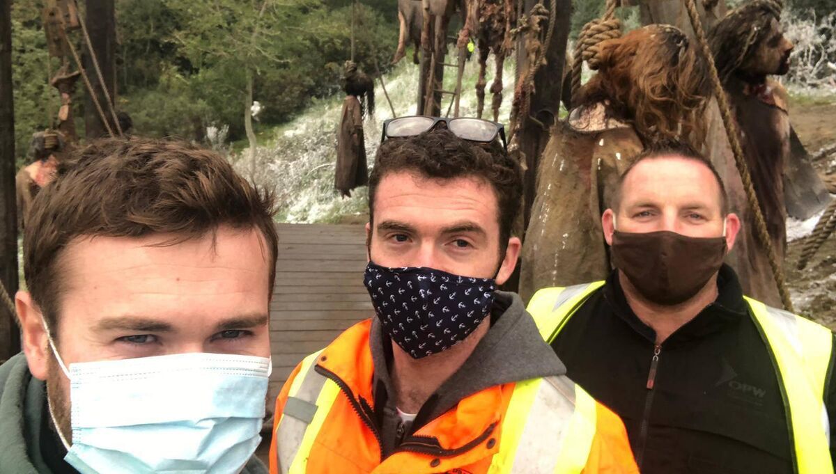 Ian O'Brien with a black face mask, Michael Keaveny with spotty face mask and Michael Lally with light face mask