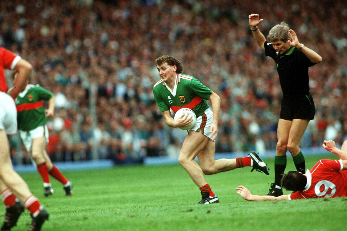 Anthony Finnerty charges forward with the ball during the 1989 All-Ireland final against Cork. His son Rob for Galway against Mayo on Sunday. Picture: INPHO