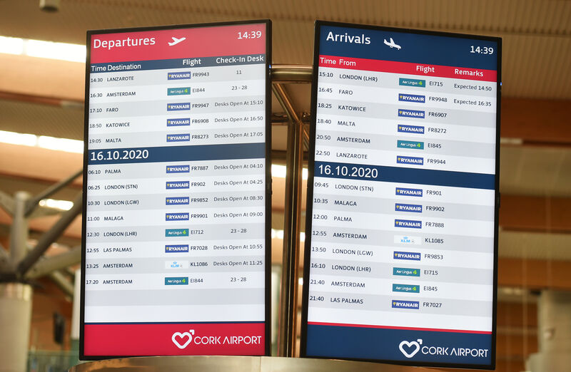  Arrival and departure screens at Cork Airport. The small volume of flights is evident. Picture: Larry Cummins