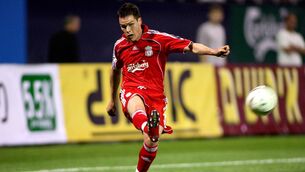 <p>Steve Finnan in Champions League action for Liverpool</p>