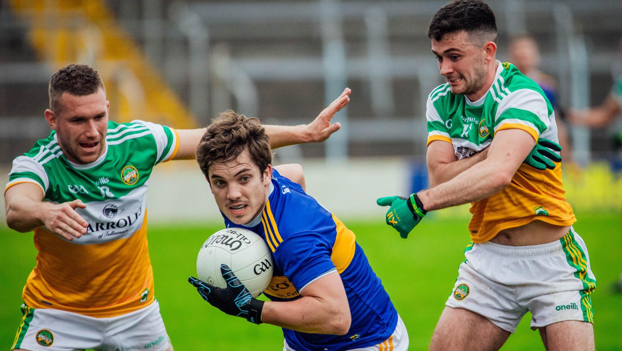 Tipperary’s Robbie Kiely and Offaly’s Ruairi McNamee in action in the Division 3 NFL match in Semple Stadium. 	Picture: Brian Arthur
            