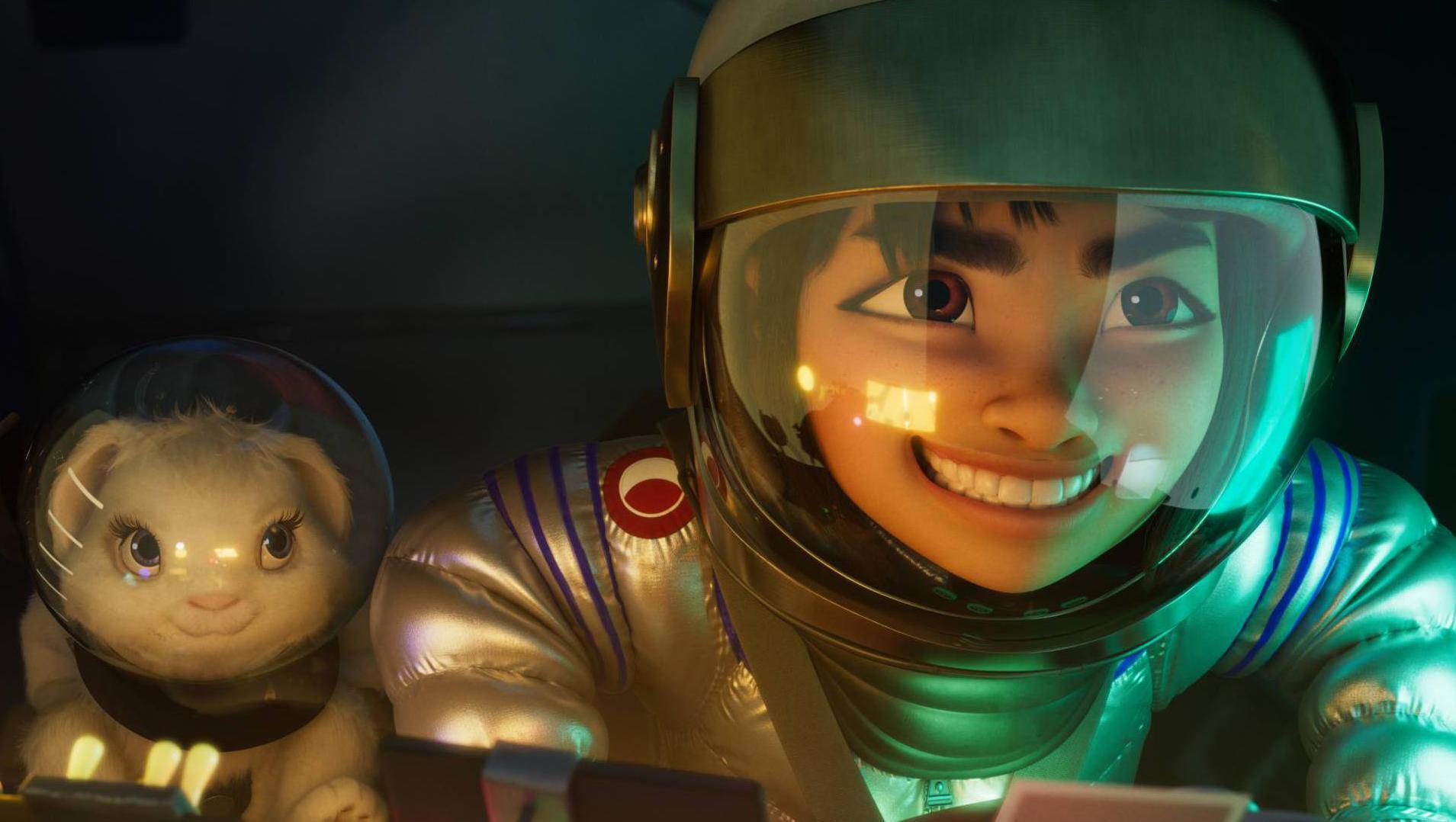 OVER THE MOON - (L-R) "Bungee the rabbit" and "Fei Fei" (voiced by Cathy Ang). © 2020 Netflix, Inc.